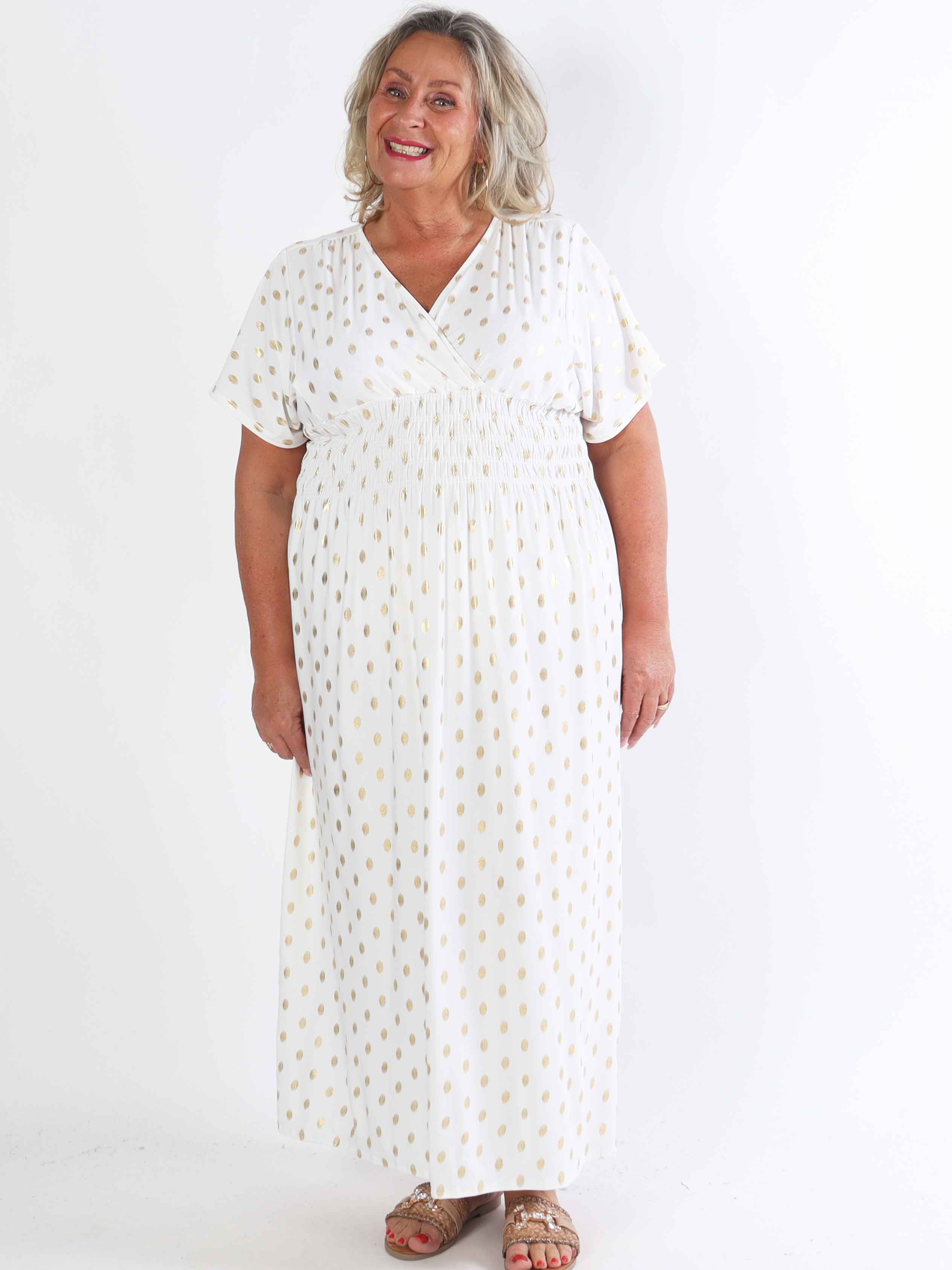 Pams Dot - Lång stretchig plus size-klänning med prickig detalj